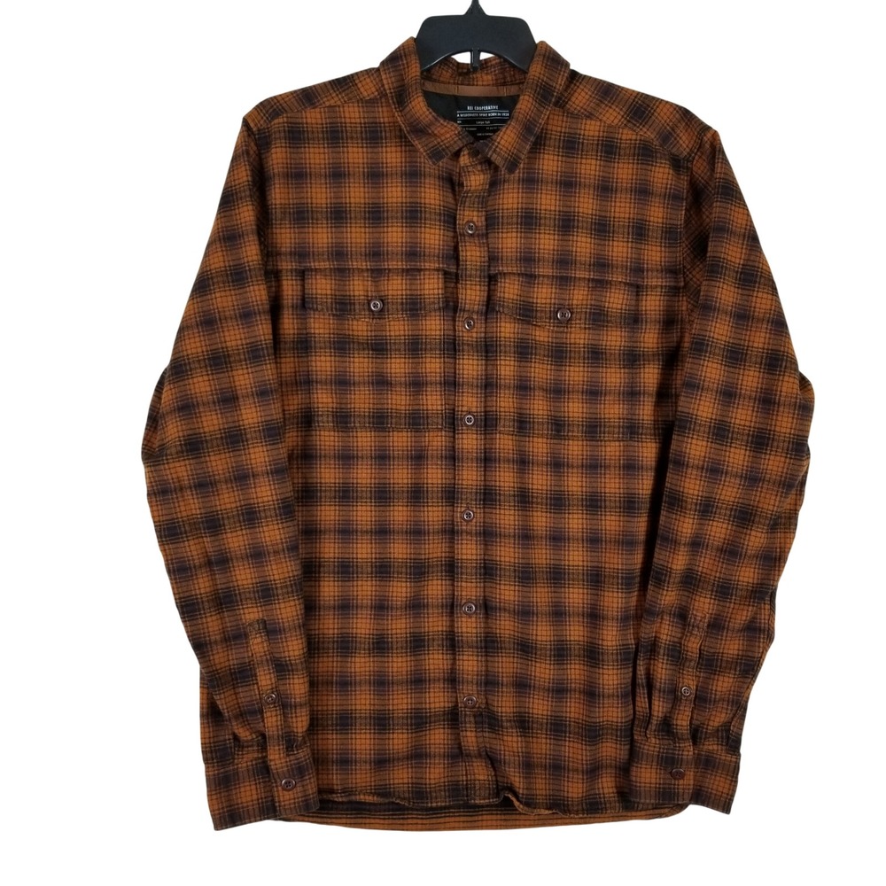 REI Co-op Flannel Button Down Mens Large Tall Brown Black Plaid Cotton Shirt